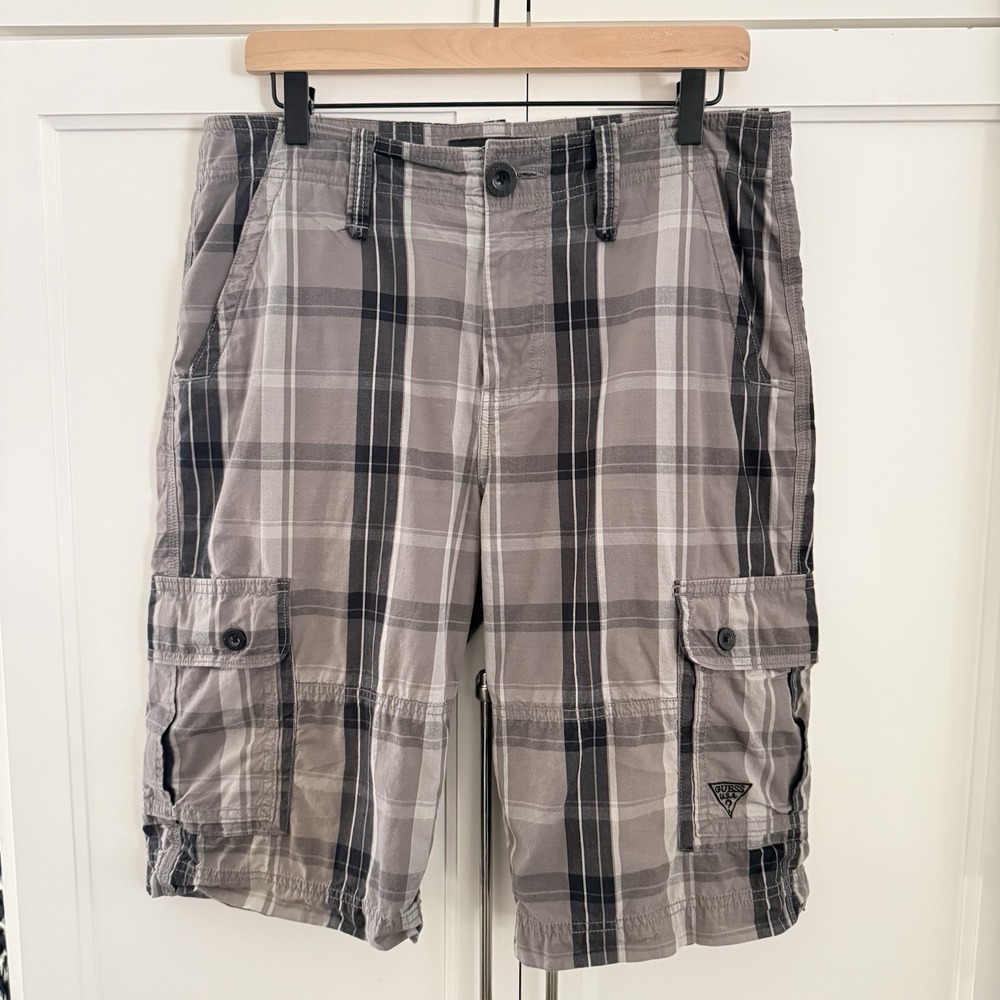 Vtg Guess Cargo Shorts Baggy Grey Plaid Skater Hip Hop Y2K Chino Streetwear 32